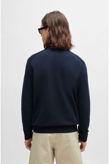 BOSS Navy Crew Neck Embroidered Logo Knitted Jumper