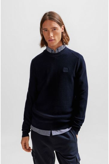 BOSS Dark Blue Cashmere Blend Logo Patch Jumper