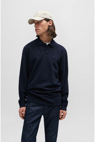 BOSS Blue Waffle Texture Long Sleeve Polo Shirt