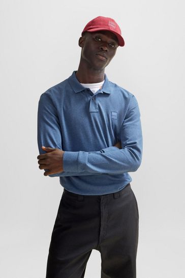 BOSS Mid Blue Logo Patch Long Sleeve Polo Shirt
