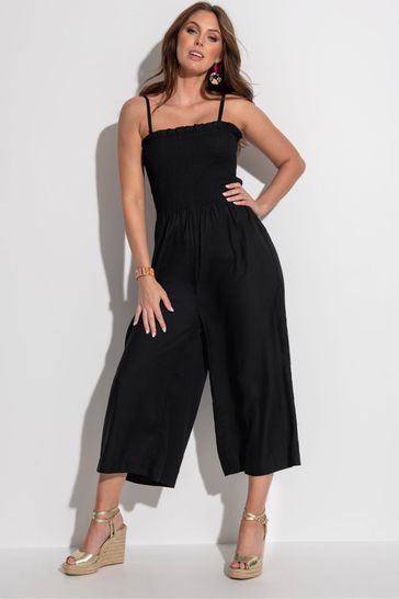 Pour Moi Black Strapless Shirred Bodice Crop Leg Beach Jumpsuit