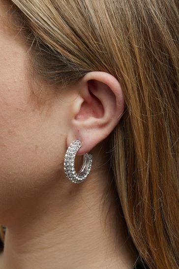 Lipsy Jewellery Silver Tone Crystal Chubby Hoop Earrings