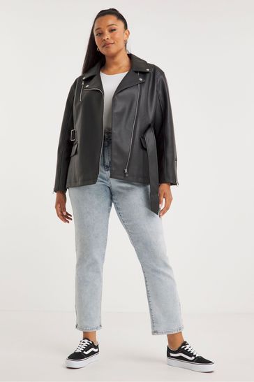 Buy Simply Be Tie Waist Longline PU Biker Black Jacket from the