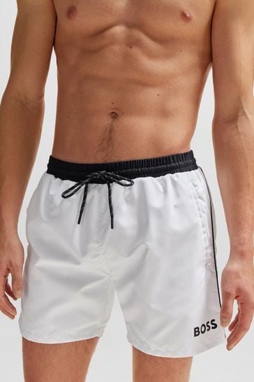 BOSS White Contrast-logo Swim Shorts In Recycled Material