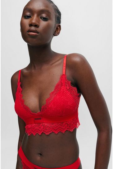 HUGO Red Padded Triangle Bra in Geometric Lace with Logo Label