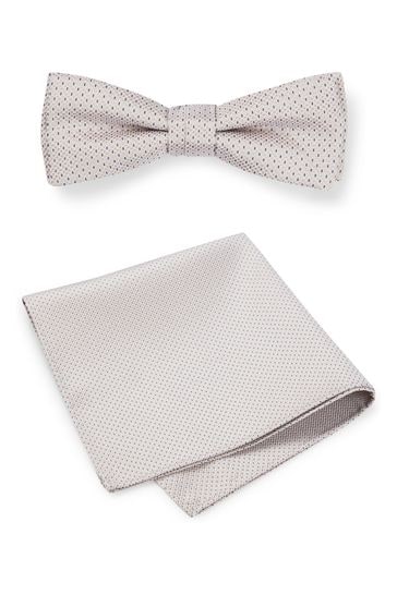 BOSS White Bow Tie and Pocket Square in Silk-Blend Jacquard