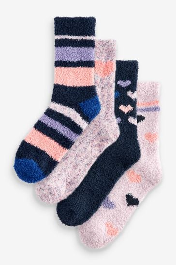 Navy/Purple Hearts Cosy Ankle Socks 4 Pack