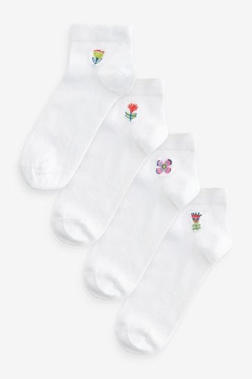 Flower Embroidered Motif White Trainers Socks 4 Pack