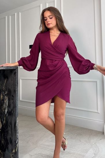 Purple long top sleeve wrap dress