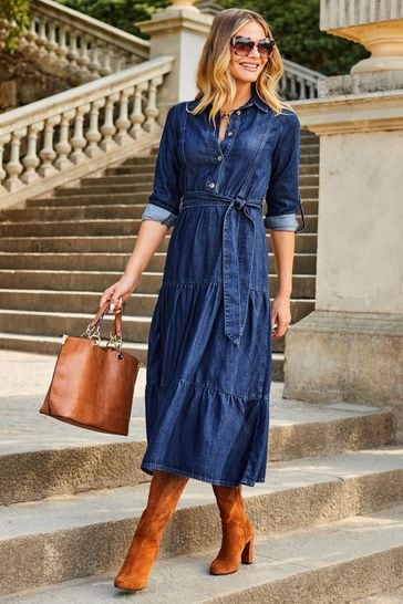 Buy Sosandar Indigo Tiered Hem Denim Midi Dress Next Turkey sitesinden