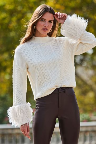Buy Sosandar Cream Cable Roll Neck Faux Fur Cuff Jumper from Next