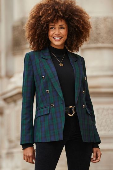 Sosandar Green Check Blazer With Gold Button Detail