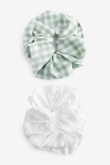 Green Gingham / White Broderie Scrunchies 2 Pack