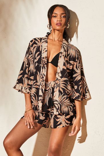 Lipsy Black Palm Printed Open Sleeved Kimono Cover up