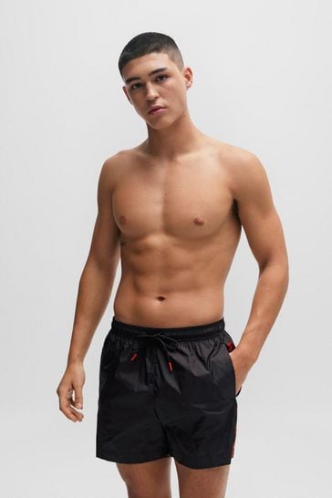 HUGO Logo Tape Swim Black Shorts In Quick Drying Fabric