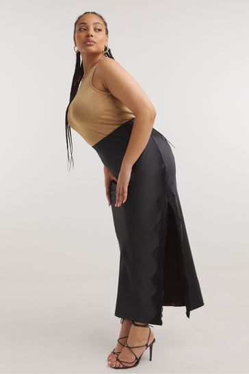 Black satin lace skirt top