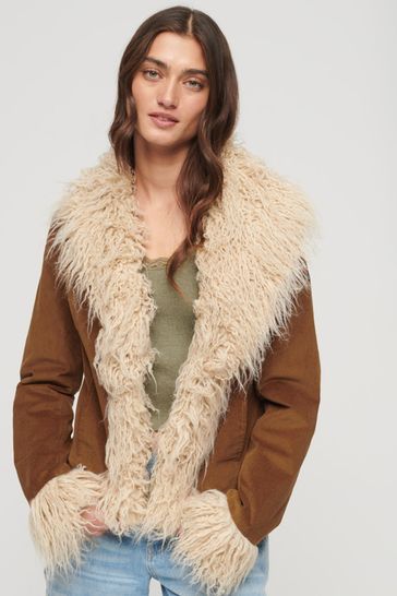 Superdry Brown Crop Quilt Line Afghan Jacket