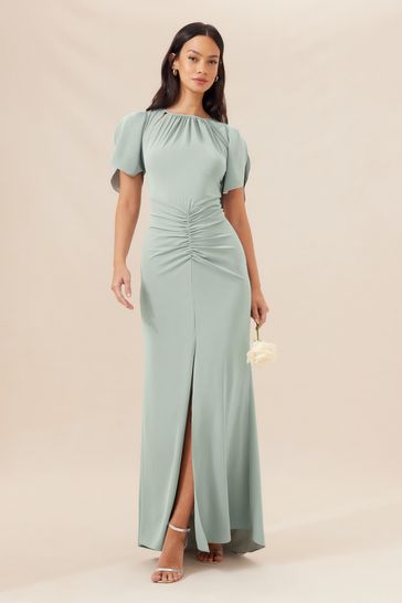 Lipsy Sage Green Short Sleeve Ruched Front Split Bridesmaid Dress