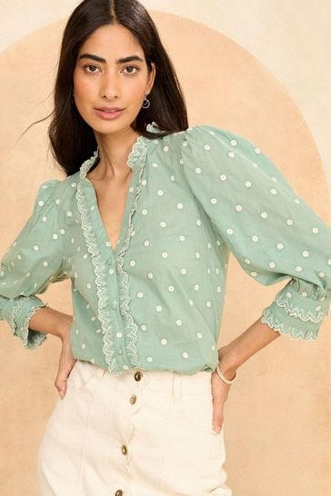 Love & Roses Green and White Dobby Ruffle V Neck 3/4 Sleeve Button Up Blouse