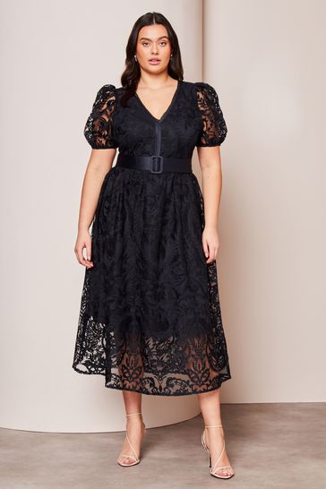 Lipsy Navy Blue Curve Premium Lace Embroidered Puff Sleeve Belted Midi Dress