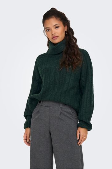 JDY Green Chunky Cable Knit Roll Neck Jumper