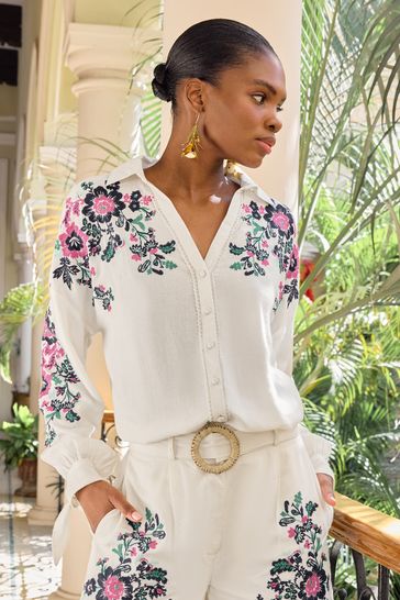 V&A | Love & Roses White Embroidered Linen Button Through Shirt