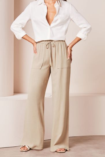 Lipsy Camel Petite Wide Leg Trousers With A Touch of Linen