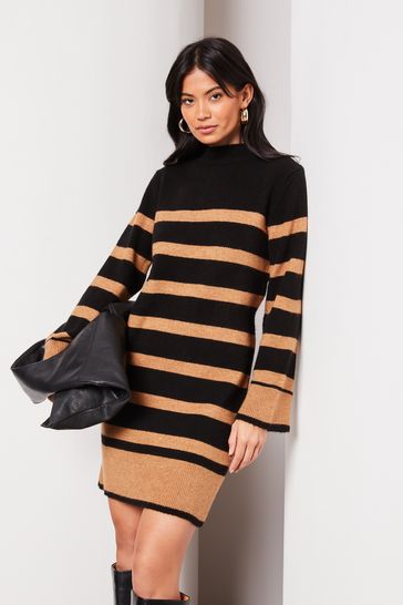 Lipsy Black Long Sleeve Stripe Knitted Jumper Dress