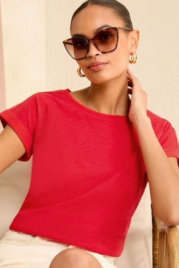 Love & Roses Bright Red Crew Neck Woven Trim Linen Look Jersey T-Shirt