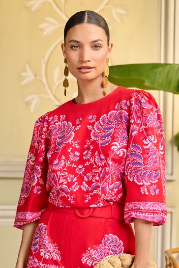V&A | Love & Roses Red Paisley Printed Puff Sleeve Crew Neck Top