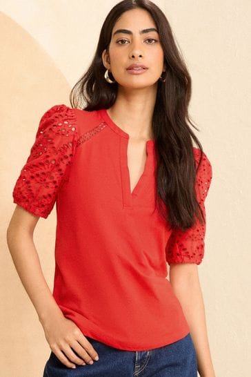 Love & Roses Chilli Red Broderie Short Sleeve V Neck Jersey Top