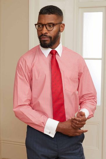 Savile Row Company Red Stripe Classic Fit Double Cuff Formal Shirt