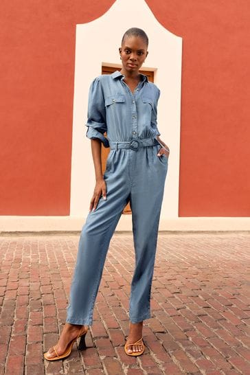 Love & Roses Blue TENCEL™ Button Through Belted Utility Jumpsuit