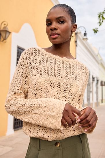 Love & Roses Gold Pointelle Scallop Cuff Knitted Jumper