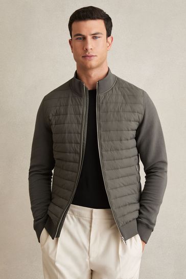 Reiss Sage Freddie Hybrid Quilt and Knit Zip-Through Jacket