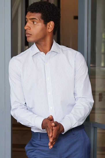 Savile Row Company Slim Fit Navy Stripe Single Cuff Formal Shirt