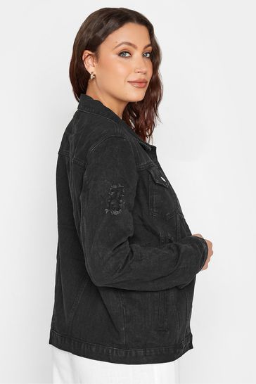 Long black sales distressed denim jacket
