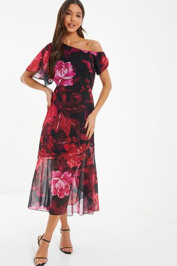 Quiz Red Chiffon Floral Print Asymmetric Dress