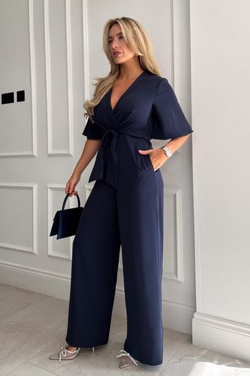 Girl In Mind Navy Viola Wrap Tie Detail Wide Leg Jumpsuit