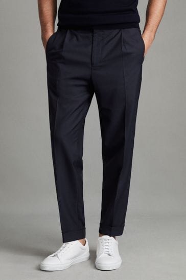 Reiss Navy Brighton Relaxed Drawstring Trousers with Turn-Ups