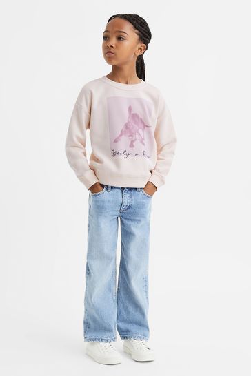 Reiss Pink Yoshy Senior Cotton Print Crew Neck Jumper