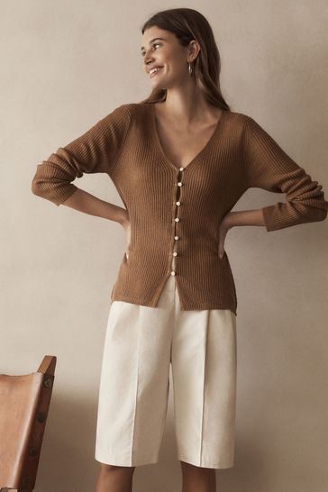 Camel Brown 100% Linen Button Through Knitted Cardigan