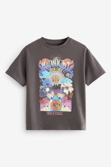 Charcoal Grey Oversized Embellished Graphic T-Shirt (3-16yrs)