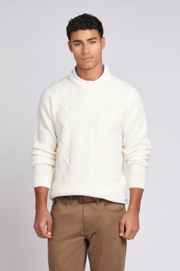 U.S. Polo Assn. Mens Cream Heavyweight Aran Knit Crew Jumper