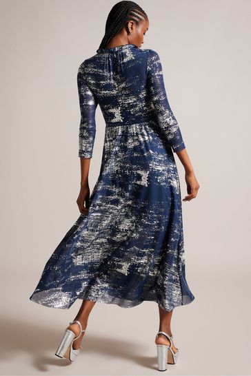 Buy Ted Baker Iggiey 3 4 Length Sleeve Blue Dress With Ruffled