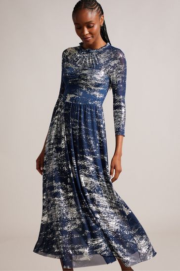 Buy Ted Baker Iggiey 3 4 Length Sleeve Blue Dress With Ruffled