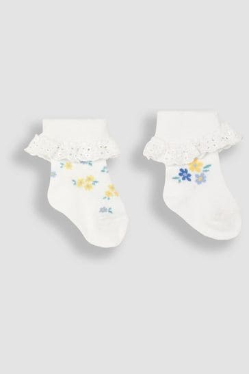 JoJo Maman Bébé White Floral 2-Pack Frilly Socks