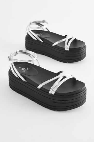 Silver Regular/Wide Fit Chunky Strappy Flatform Sandals