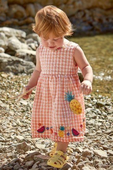 JoJo Maman Bébé Orange Pineapple Appliqué Gingham Summer Dress