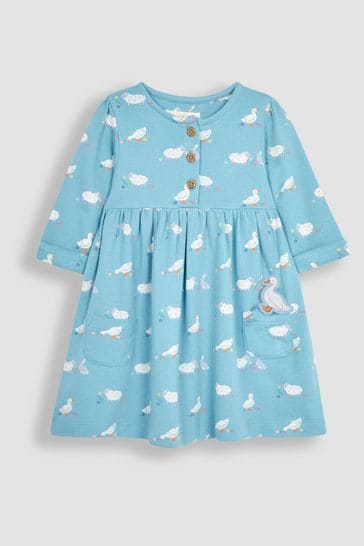 JoJo Maman Bébé Blue Duck & Friends Button Front Pet In Pocket Long Sleeve Jersey Dress